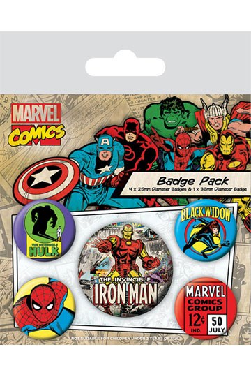 Marvel Comics retro badge pack 5-piece front view on card