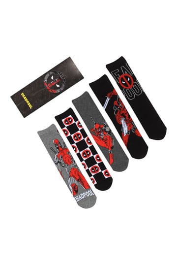 Marvel Deadpool 5-pack socks gift set showing all 5 pairs fanned out with Deadpool gift box