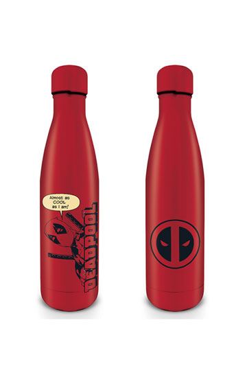 Marvel Deadpool matte red metal drink bottle front and back view showing comic peek-a-boo pose and Deadpool logo
