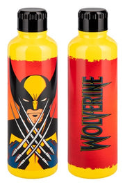 Marvel X-Men 97 Wolverine metal water bottle front view showing face and crossed adamantium claws on yellow background