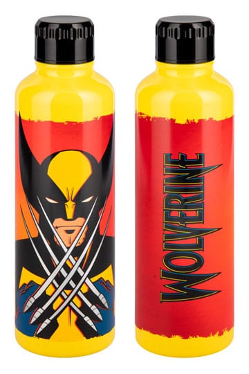 Marvel X-Men 97 Wolverine metal water bottle front view showing face and crossed adamantium claws on yellow background