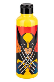 Marvel X-Men 97 Wolverine metal water bottle side view showing X-Men 97 label and Suitable for Hot and Cold Liquids badge