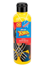 Marvel X-Men 97 Wolverine metal water bottle front and back view showing Wolverine face and Wolverine logo on red