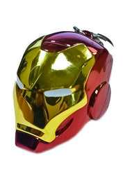 Marvel Iron Man 3D sculpted helmet keychain front view chrome red and gold finish on white background