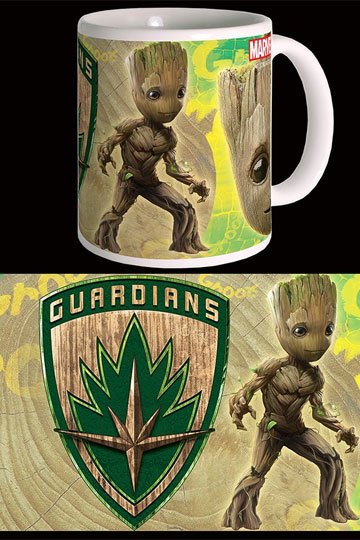 Guardians of the Galaxy 2 Young Groot mug 300ml front view showing Baby Groot and Guardians shield on green background