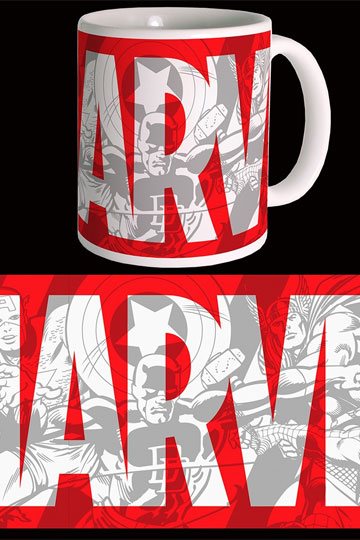 Marvel Comics Big Logo mug front view showing red Marvel logo with Avengers heroes comic sketch design