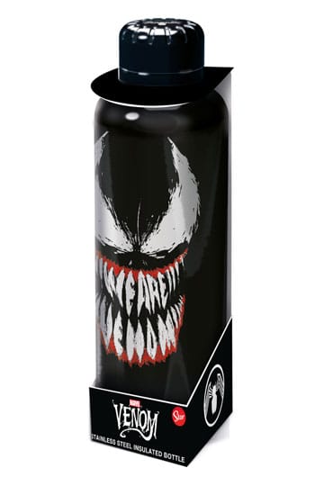 Marvel Venom stainless steel insulated bottle front view in packaging with We Are Venom face design