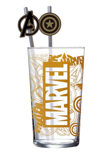 Marvel glass tumbler 485ml with Avengers A and Captain America shield straw toppers front view