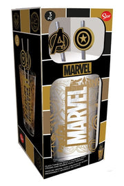 Marvel glass tumbler 485ml with straw toppers side angle view showing gold logo