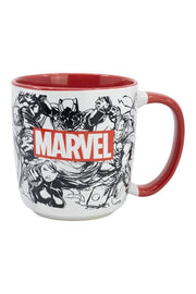 Marvel Comics Avengers collage mug 380ml front view showing Iron Man Black Widow Hulk with red interior and handle