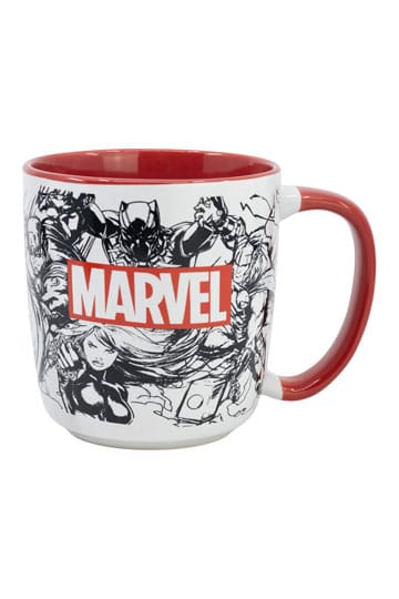 Marvel Comics Avengers collage mug 380ml front view showing Iron Man Black Widow Hulk with red interior and handle