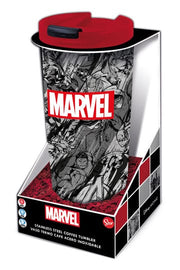 Marvel stainless steel travel tumbler front view in packaging with Avengers comic pattern and red lid