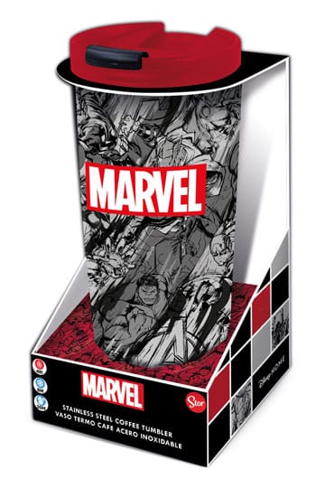 Marvel stainless steel travel tumbler front view in packaging with Avengers comic pattern and red lid