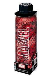 Marvel stainless steel insulated water bottle front view in packaging with Avengers comic pattern