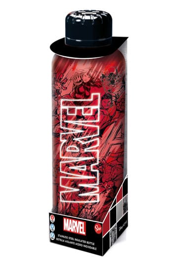 Marvel stainless steel insulated water bottle front view in packaging with Avengers comic pattern