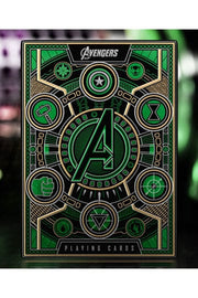 Avengers Infinity Saga Green playing cards box on Mjolnir in dark cinematic setting