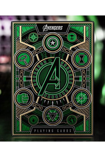 Avengers Infinity Saga Green playing cards box on Mjolnir in dark cinematic setting