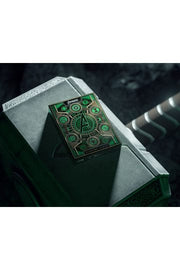 Avengers Infinity Saga Green playing cards box close-up with green glow