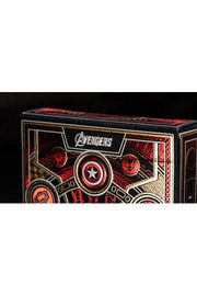 Avengers Infinity Saga Red playing cards floating cards with box on dark background