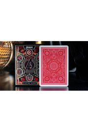 Avengers Infinity Saga Red playing cards box front full view on dark surface
