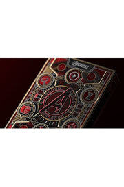 Avengers Infinity Saga Red playing cards box back close-up with card back design