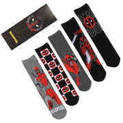 Marvel Deadpool 5-pack socks gift set large view showing all designs: action grey, checkerboard, sword grey, action black, logo black