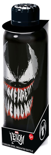 Marvel Venom stainless steel insulated bottle side view in packaging showing Venom logo