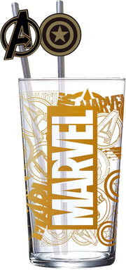 Marvel glass tumbler 485ml in gift box front view showing 3PC label