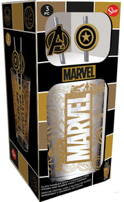 Marvel glass tumbler 485ml in gift box angled view showing straw toppers detail