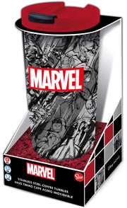Marvel stainless steel travel tumbler side view in packaging showing Hulk and Captain America