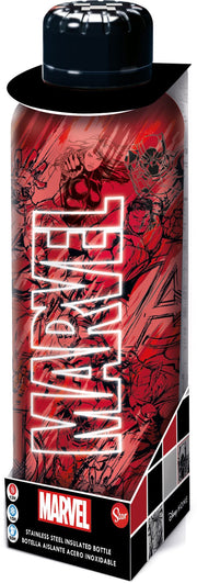 Marvel stainless steel insulated water bottle side view in packaging showing Black Widow and Hulk