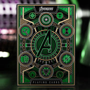 Avengers Infinity Saga Green playing cards box top view with Avengers A logo