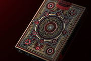 Avengers Infinity Saga Red playing cards box top angled view with Avengers A logo