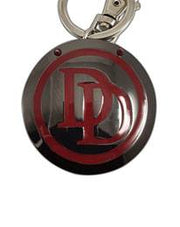 Marvel Comics Daredevil DD logo metal keychain top view showing lobster clasp and ring