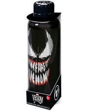 Marvel Venom stainless steel insulated bottle top view in packaging showing black cap