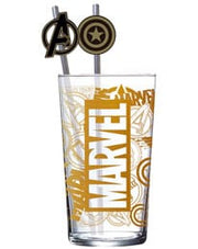 Marvel glass tumbler 485ml top view showing straw toppers detail