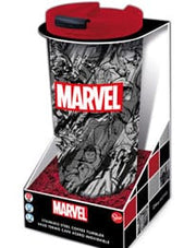 Marvel stainless steel travel tumbler top view in packaging showing red lid