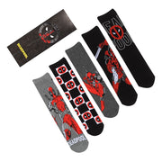 Marvel Deadpool 5-pack socks gift set full view on white background showing all 5 pairs fanned with Deadpool gift box