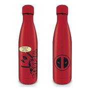 Marvel Deadpool matte red metal drink bottle large front and back view on white background showing Almost as Cool as I Am speech bubble