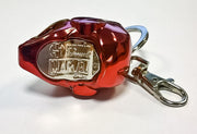 Marvel Iron Man 3D sculpted helmet keychain large side view showing Semic Marvel licensed plate and lobster clasp