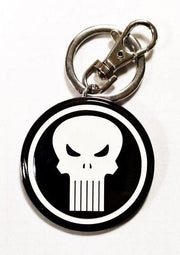 Marvel Comics Punisher skull logo metal keychain large close-up showing white skull detail and silver lobster clasp