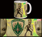 Guardians of the Galaxy 2 Young Groot mug 300ml full wrap design flat view showing Guardians shield and Baby Groot