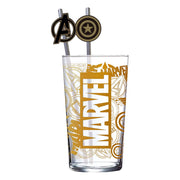 Marvel glass tumbler 485ml full view on white background with straw toppers
