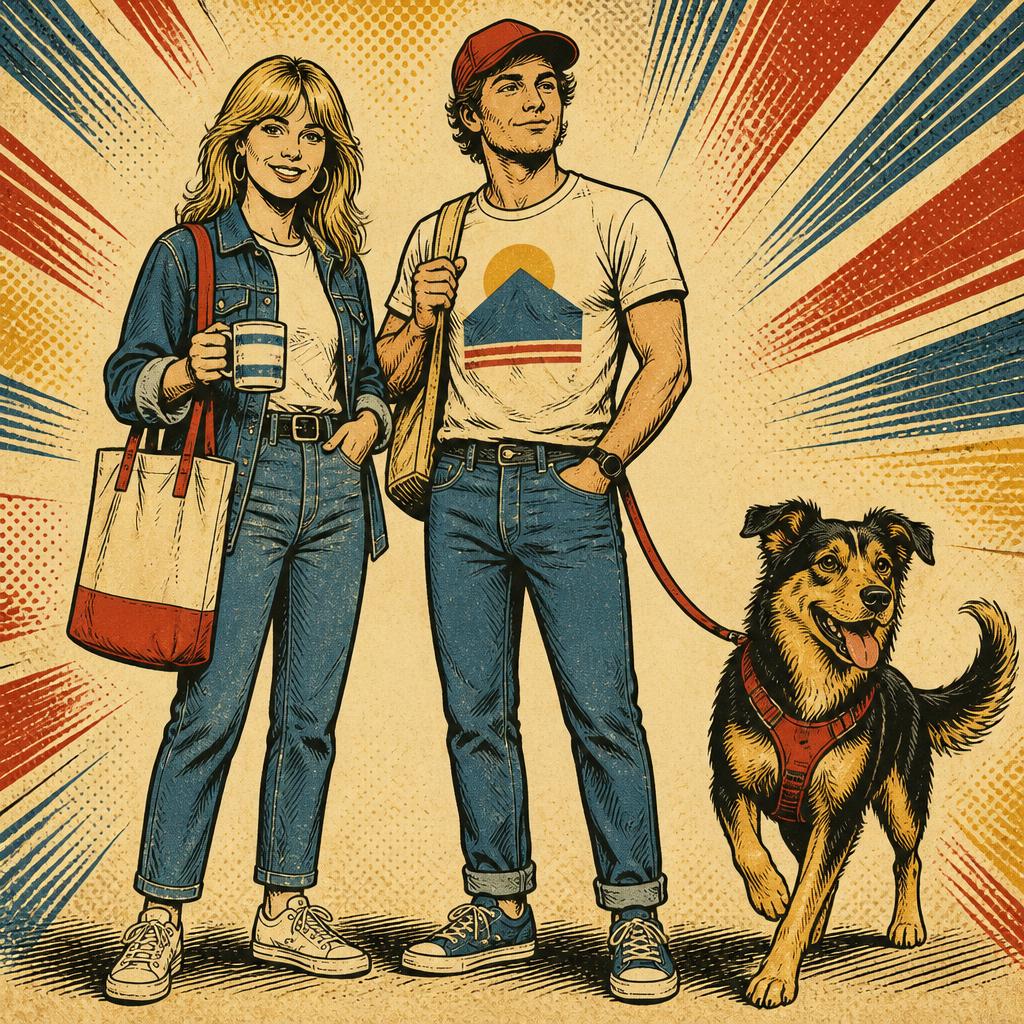 Shoppande par med hund i tecknad retrostil